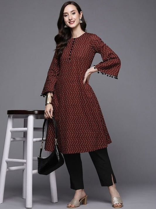 Women Geometric Printed Flared Sleeves Cotton A-Line Kurta - Inddus.com
