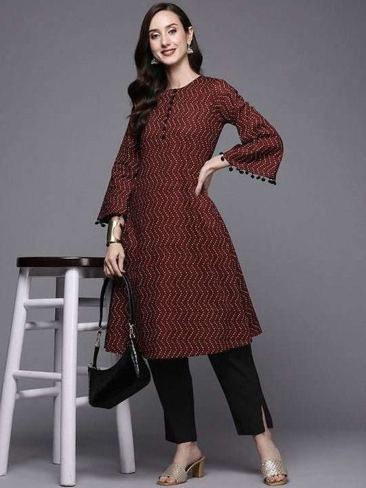 Women Geometric Printed Flared Sleeves Cotton A-Line Kurta - Inddus.com