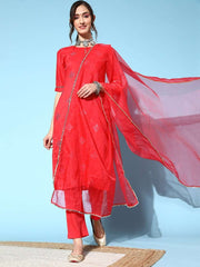 Women Geometric Silk Blend Mirror Work Kurta Set - Inddus.com