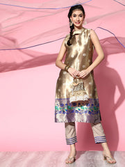 Women Gold-Toned Floral Brocade Woven Design Gotta Patti Silk Blend Kurta Set - Inddus.com