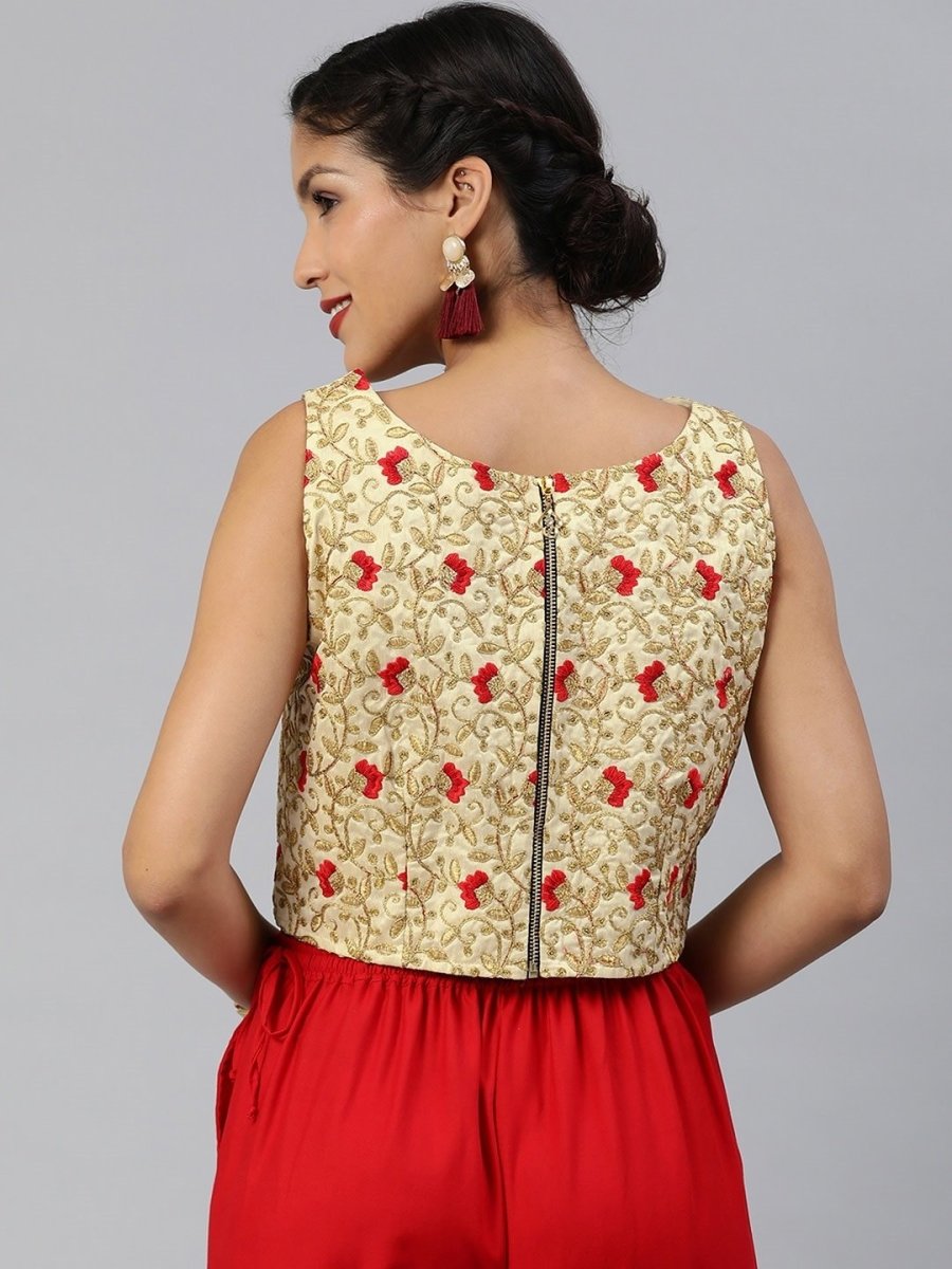 Women Gold-Toned Silk Blend Embroidered Crop Top - inddus-us