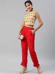 Women Gold-Toned Silk Blend Embroidered Crop Top - inddus-us