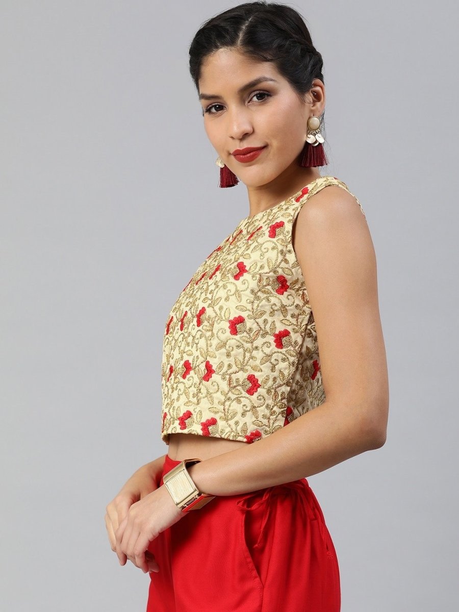 Women Gold-Toned Silk Blend Embroidered Crop Top - inddus-us