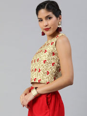 Women Gold-Toned Silk Blend Embroidered Crop Top - inddus-us