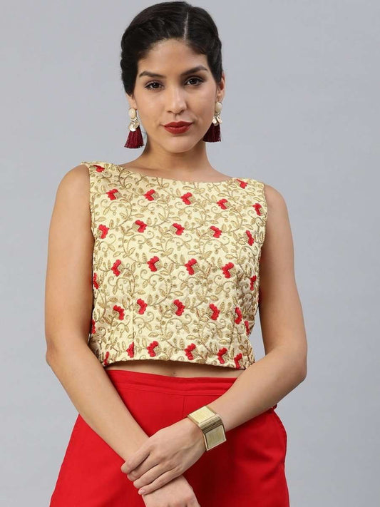 Women Gold-Toned Silk Blend Embroidered Crop Top - inddus-us