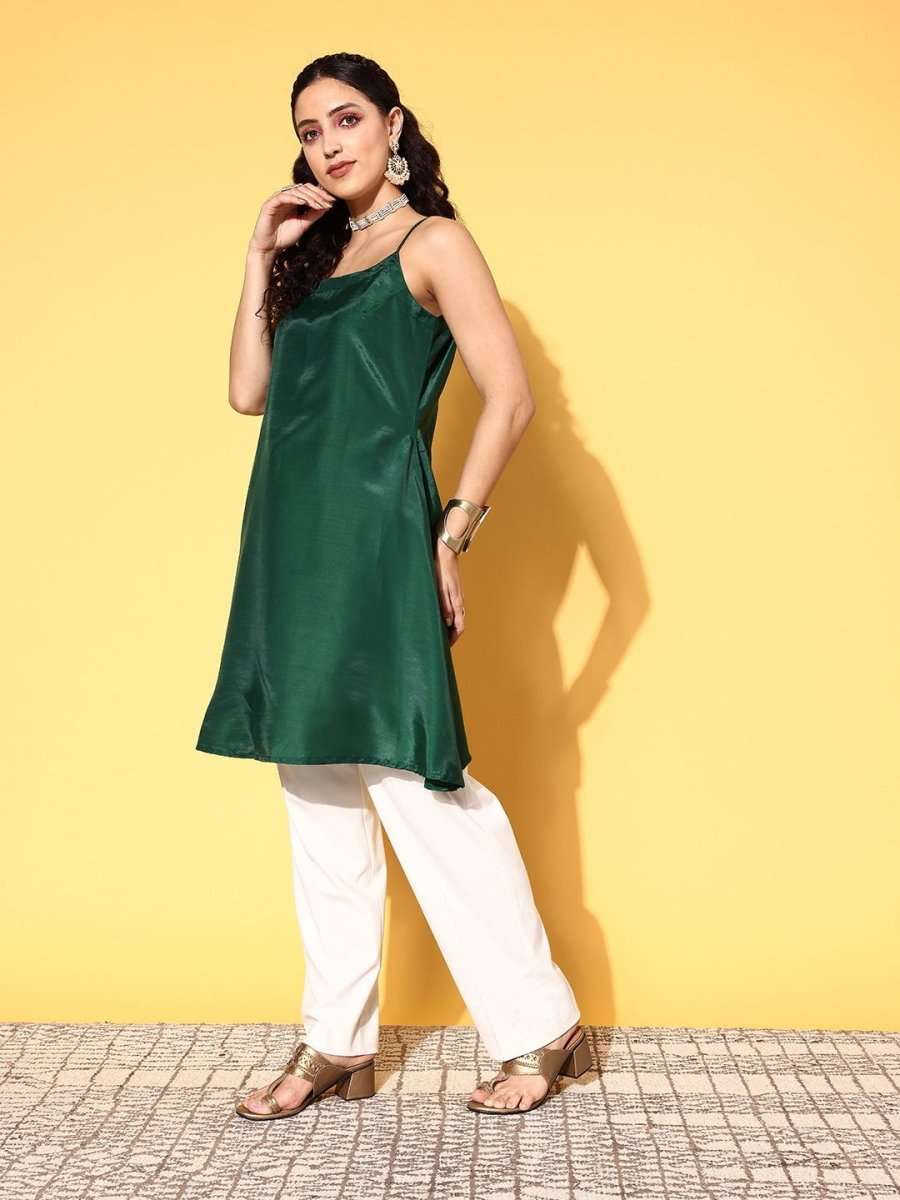 Women Green Chiffon Asymmetric Hemline Kurta - Inddus.com
