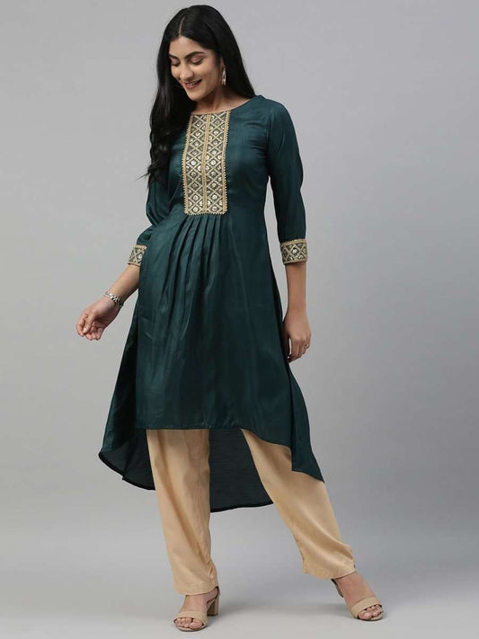 Women Green Embroidered A-Line High Low Kurta - Inddus.com