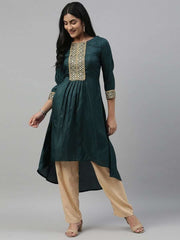 Women Green Embroidered A-Line High Low Kurta - Inddus.com