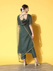 Women Green Embroidered Chanderi Cotton Kurta with Trousers & With Dupatta - Inddus.com