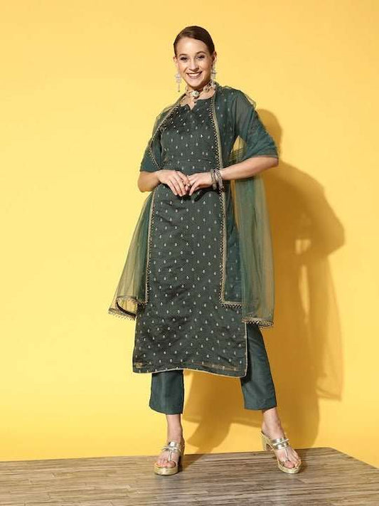 Women Green Embroidered Chanderi Cotton Kurta with Trousers & With Dupatta - Inddus.com