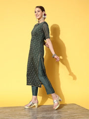 Women Green Embroidered Chanderi Cotton Kurta with Trousers & With Dupatta - Inddus.com