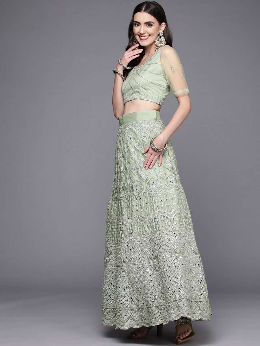 Women Green Embroidered Semi-Stitched Lehenga & Unstitched Blouse With Dupatta - Inddus.com