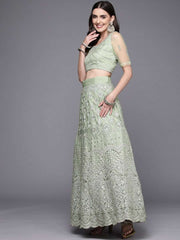 Women Green Embroidered Semi-Stitched Lehenga & Unstitched Blouse With Dupatta - Inddus.com