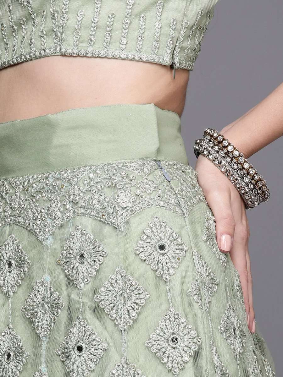 Women Green Embroidered Semi-Stitched Lehenga & Unstitched Blouse With Dupatta - Inddus.com