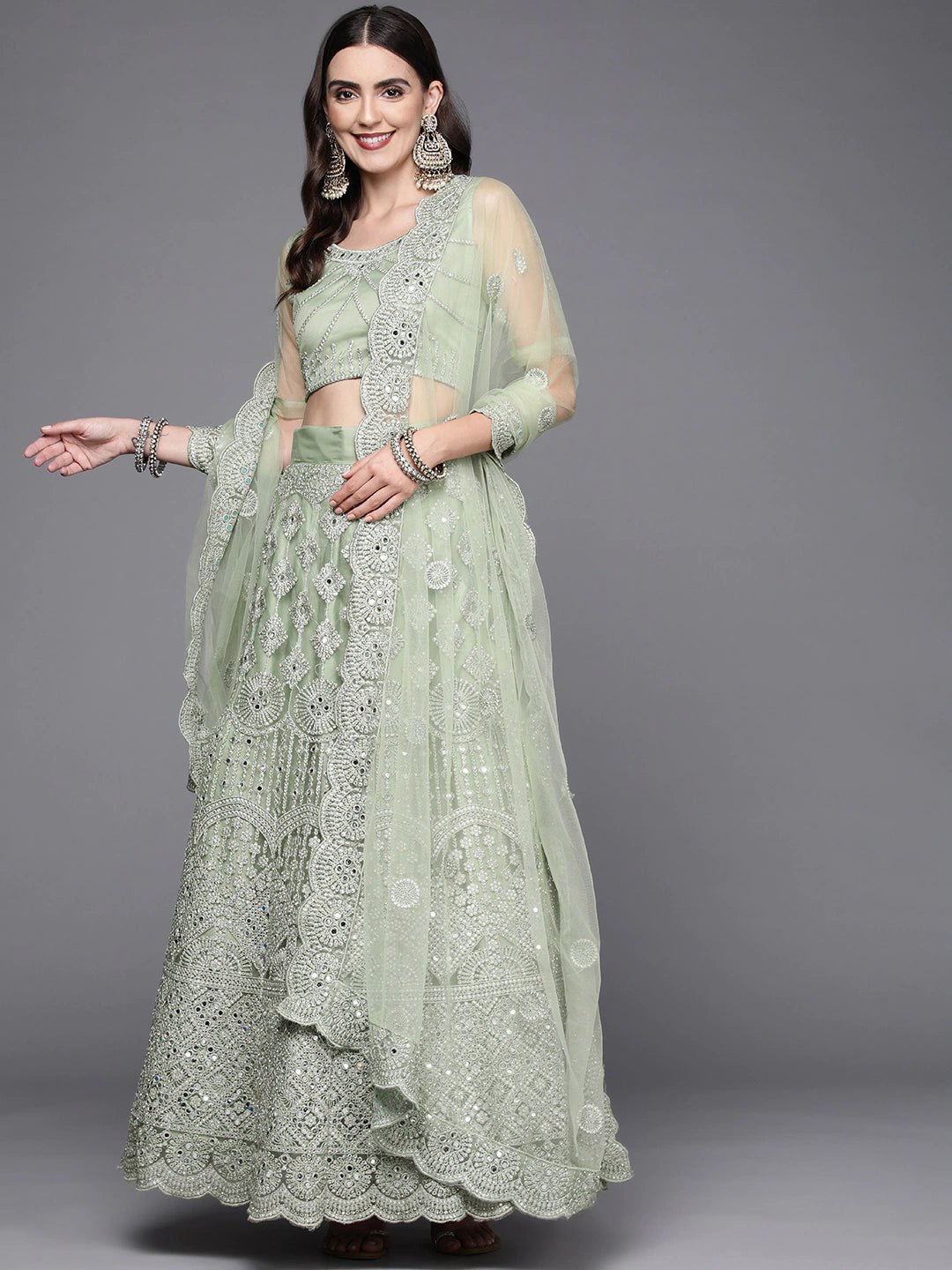 Women Green Embroidered Semi-Stitched Lehenga & Unstitched Blouse With Dupatta - Inddus.com