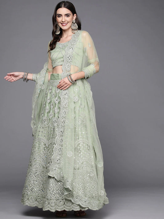 Women Green Embroidered Semi-Stitched Lehenga & Unstitched Blouse With Dupatta - Inddus.com