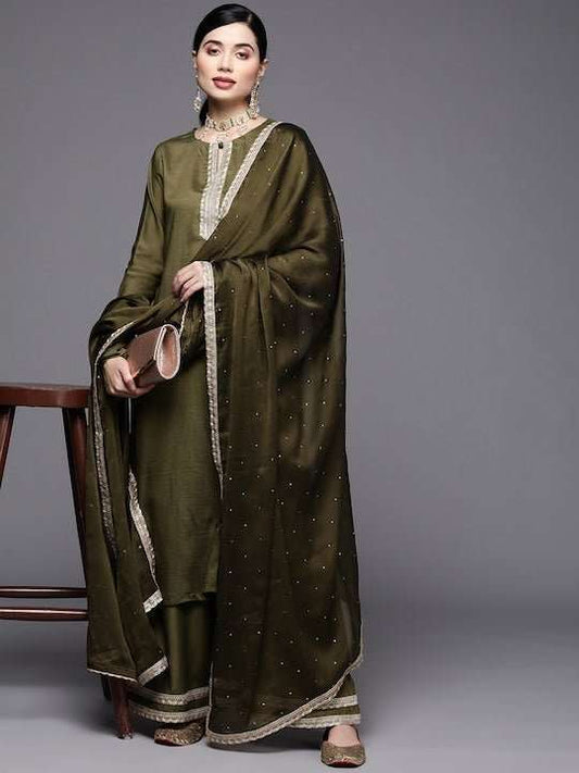 Women Green Embroidered Sequinned Kurta with Palazzos & With Dupatta - Inddus.com