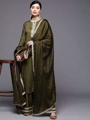 Women Green Embroidered Sequinned Kurta with Palazzos & With Dupatta - Inddus.com