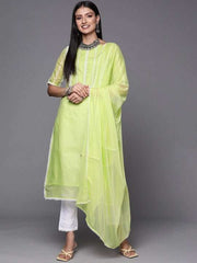 Women Green Embroidered Thread Work Kurta and Trouser with Dupatta - Inddus.com