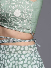 Women Green Embroidered Thread Work Top with Skirt - Inddus.com