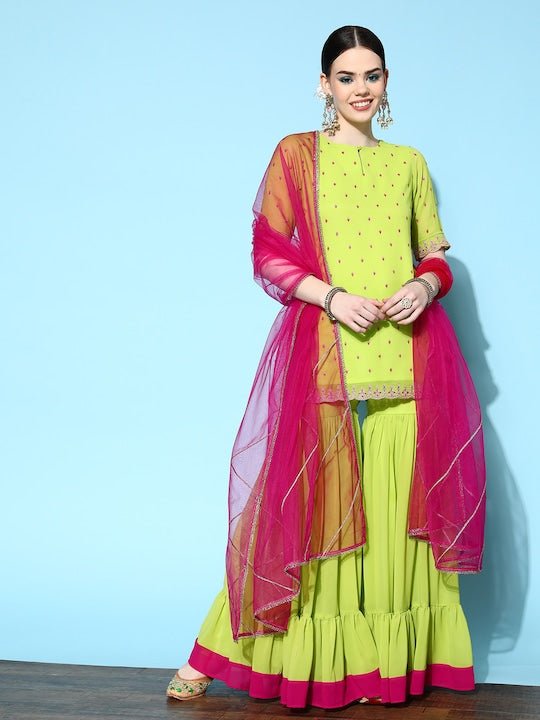 Women Green Ethnic Motifs Embroidered Thread Work Kurta with Sharara & Dupatta - Inddus.com