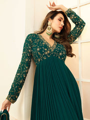 Women Green Floral Embroidered Anarkali Kurta - Inddus.com