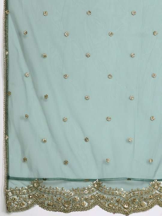 Women Green Georgette Kurta with Embroidered Dupatta - Inddus.com