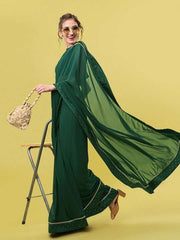 Women Green & Gold-Toned Solid Zari Saree - Inddus.com