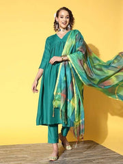 Women Green Kurta with Trousers & With Dupatta - Inddus.com