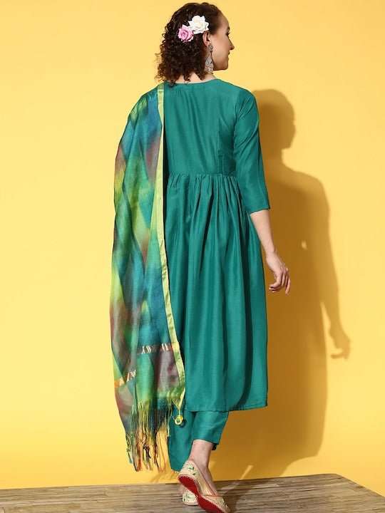 Women Green Kurta with Trousers & With Dupatta - Inddus.com