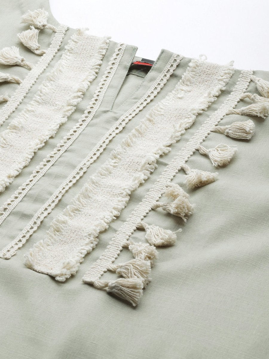 Women Green Lace Detail Yoke Design Kurta with Palazzos & With Dupatta - Inddus.com