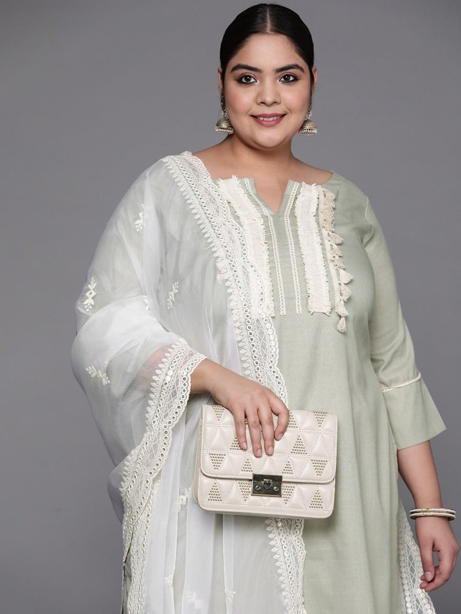 Women Green Lace Detail Yoke Design Kurta with Palazzos & With Dupatta - Inddus.com