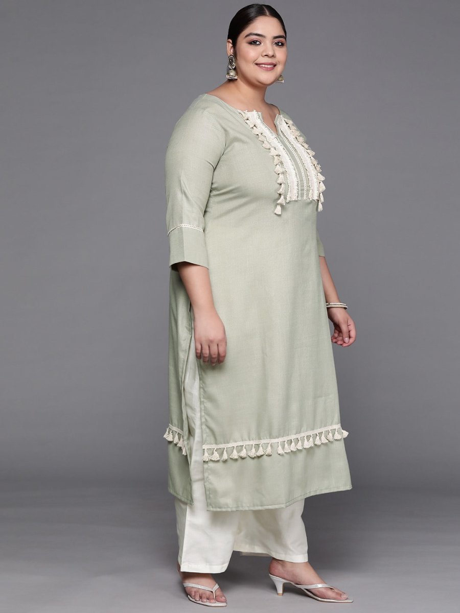Women Green Lace Detail Yoke Design Kurta with Palazzos & With Dupatta - Inddus.com