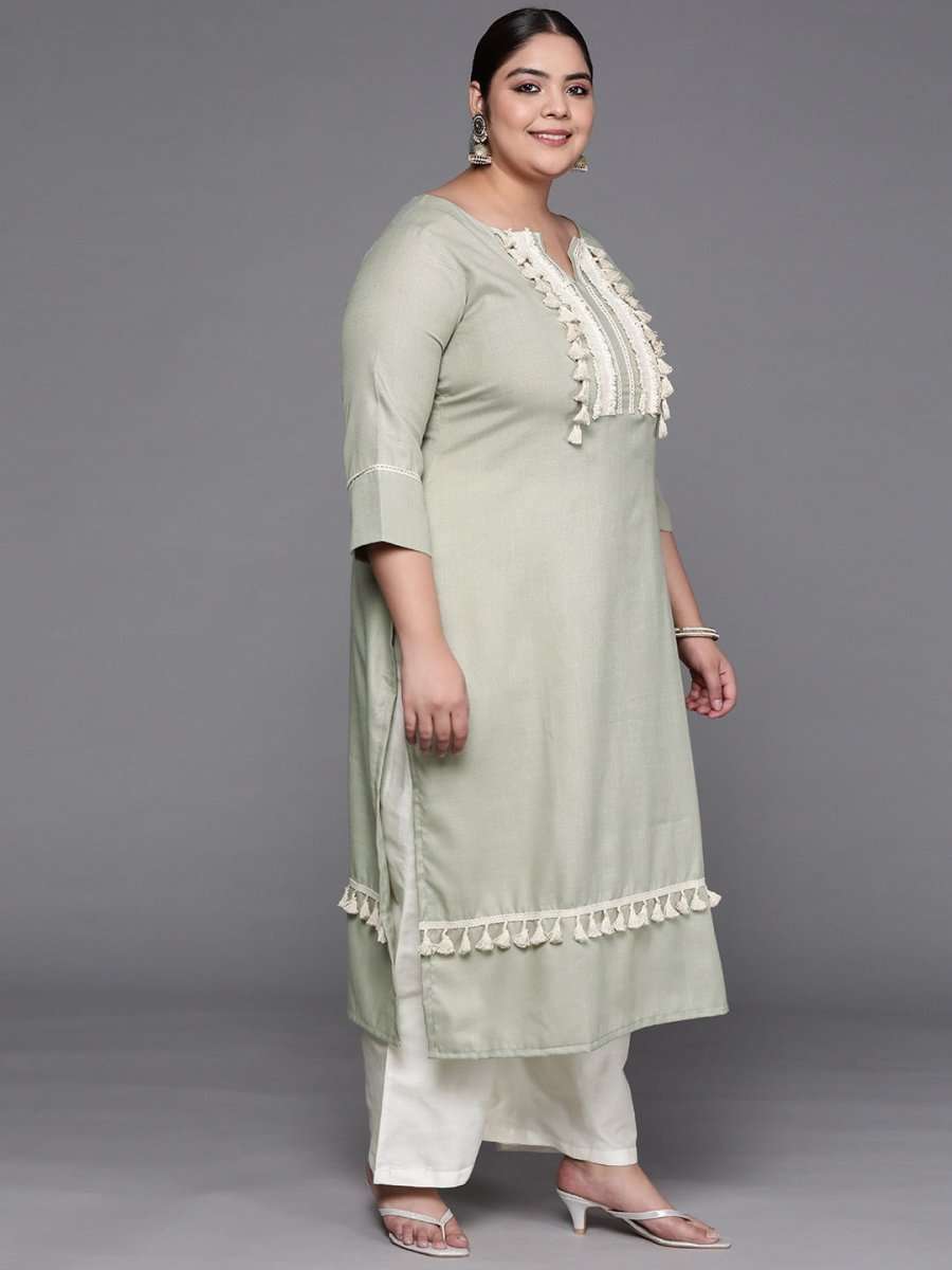 Women Green Lace Detail Yoke Design Kurta with Palazzos & With Dupatta - Inddus.com
