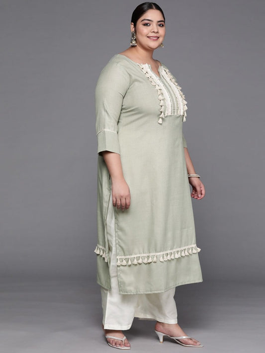 Women Green Lace Detail Yoke Design Kurta with Palazzos & With Dupatta - Inddus.com