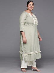 Women Green Lace Detail Yoke Design Kurta with Palazzos & With Dupatta - Inddus.com