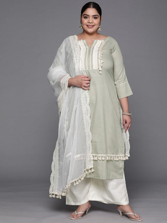 Women Green Lace Detail Yoke Design Kurta with Palazzos & With Dupatta - Inddus.com