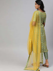 Women Green & Mustard Yellow Woven Straight Cut Suit - Inddus.com