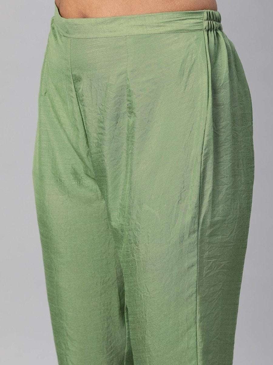Women Green & Mustard Yellow Woven Straight Cut Suit - Inddus.com
