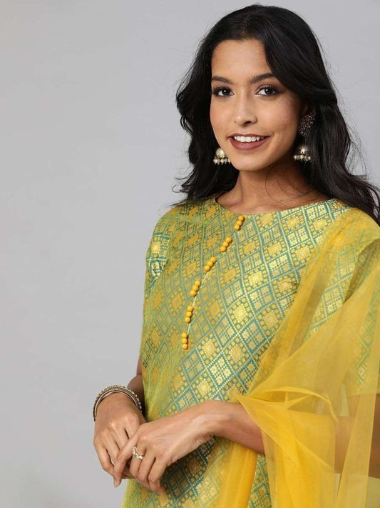 Women Green & Mustard Yellow Woven Straight Cut Suit - Inddus.com