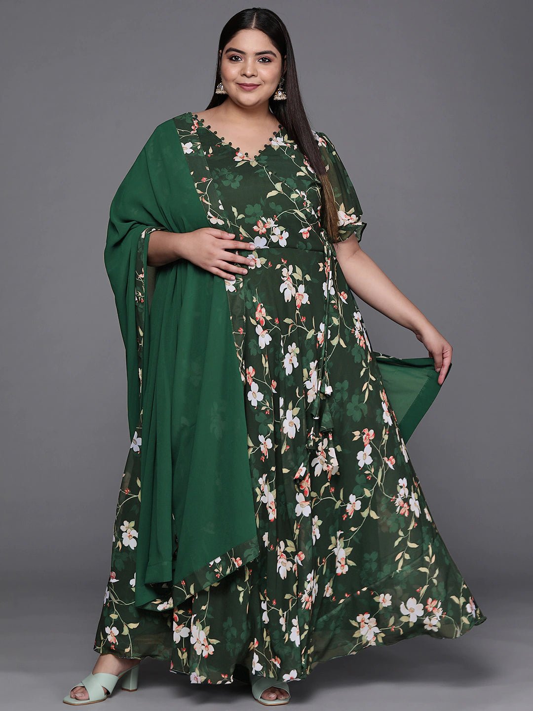 Women Green & Off White Floral Printed Angrakha Georgette Kurta With Dupatta - Inddus.com