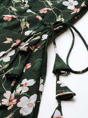 Women Green & Off White Floral Printed Angrakha Georgette Kurta With Dupatta - Inddus.com