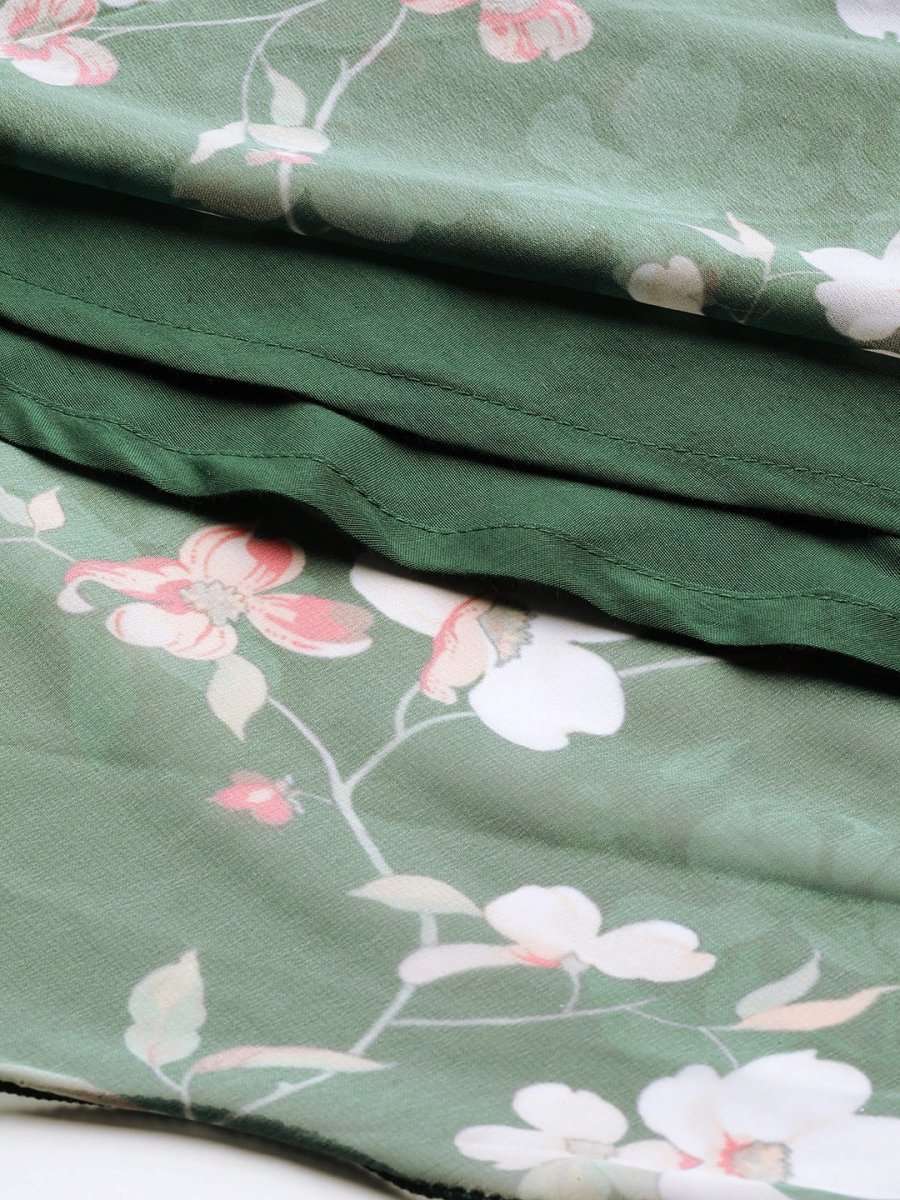 Women Green & Off White Floral Printed Angrakha Georgette Kurta With Dupatta - Inddus.com