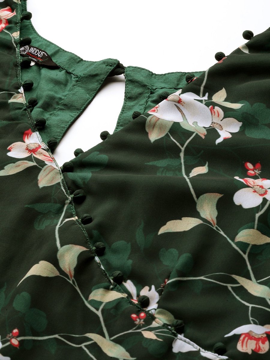 Women Green & Off White Floral Printed Angrakha Georgette Kurta With Dupatta - Inddus.com