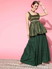 Women Green Self-design Tunic With Solid Skirt - Inddus.com