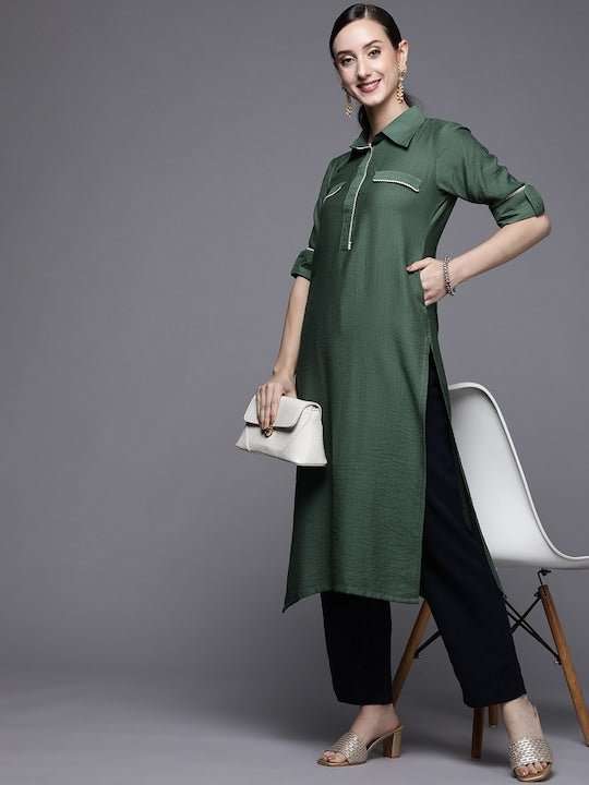 Women Green Solid Pathani Kurta - Inddus.com