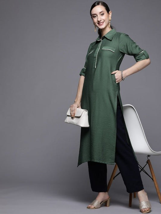Women Green Solid Pathani Kurta - Inddus.com