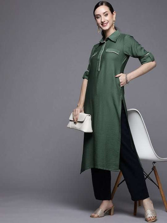 Women Green Solid Pathani Kurta - Inddus.com