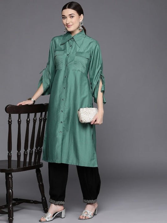 Women Green Solid Pathani Kurta - Inddus.com