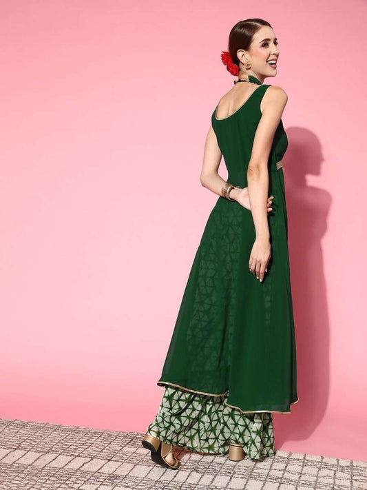 Women Green Solid Tunic With Printed Palazzos - Inddus.com